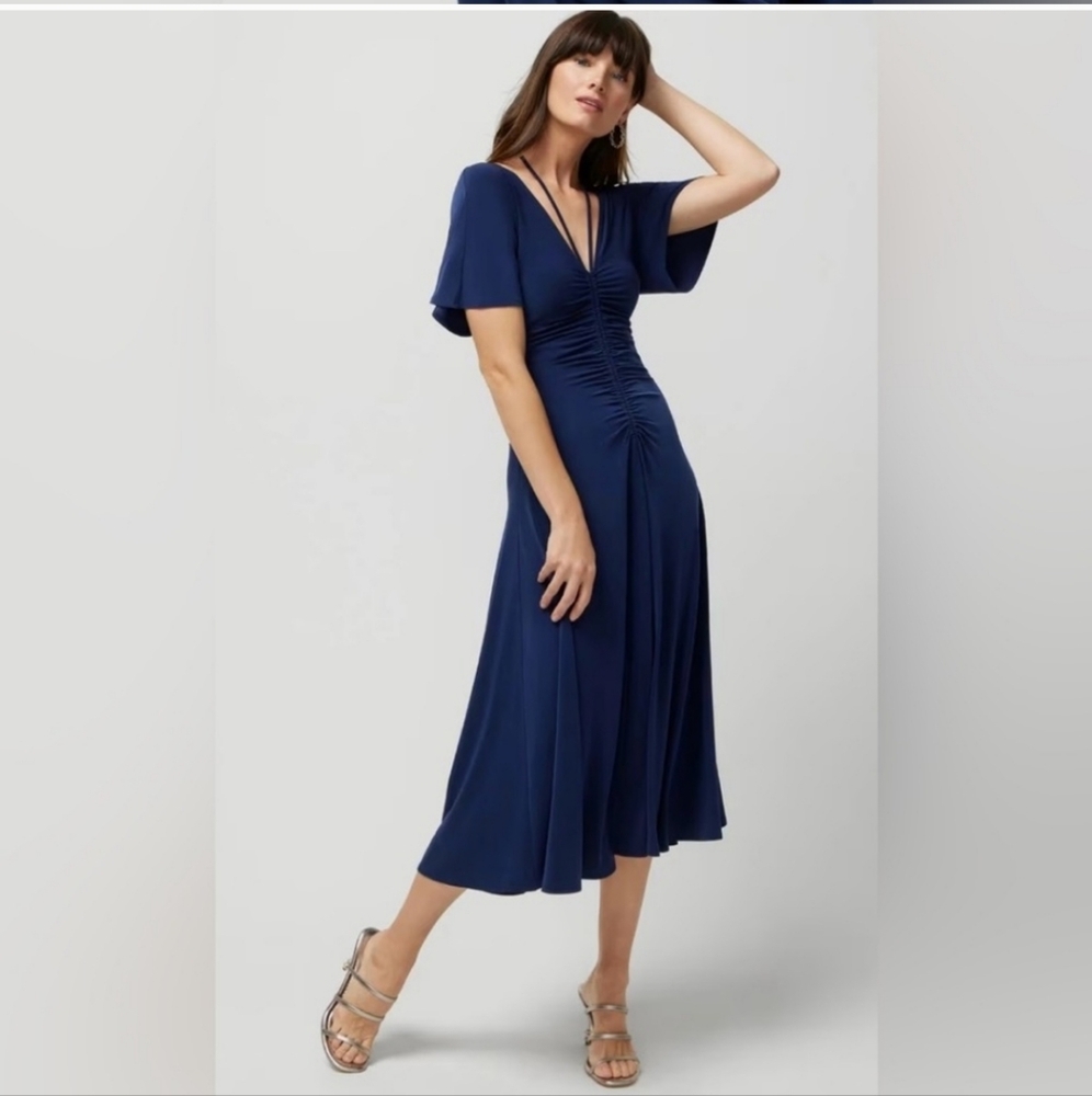 White House Black Market Blue Dress with Flutter Sleeves and Halter Neckline